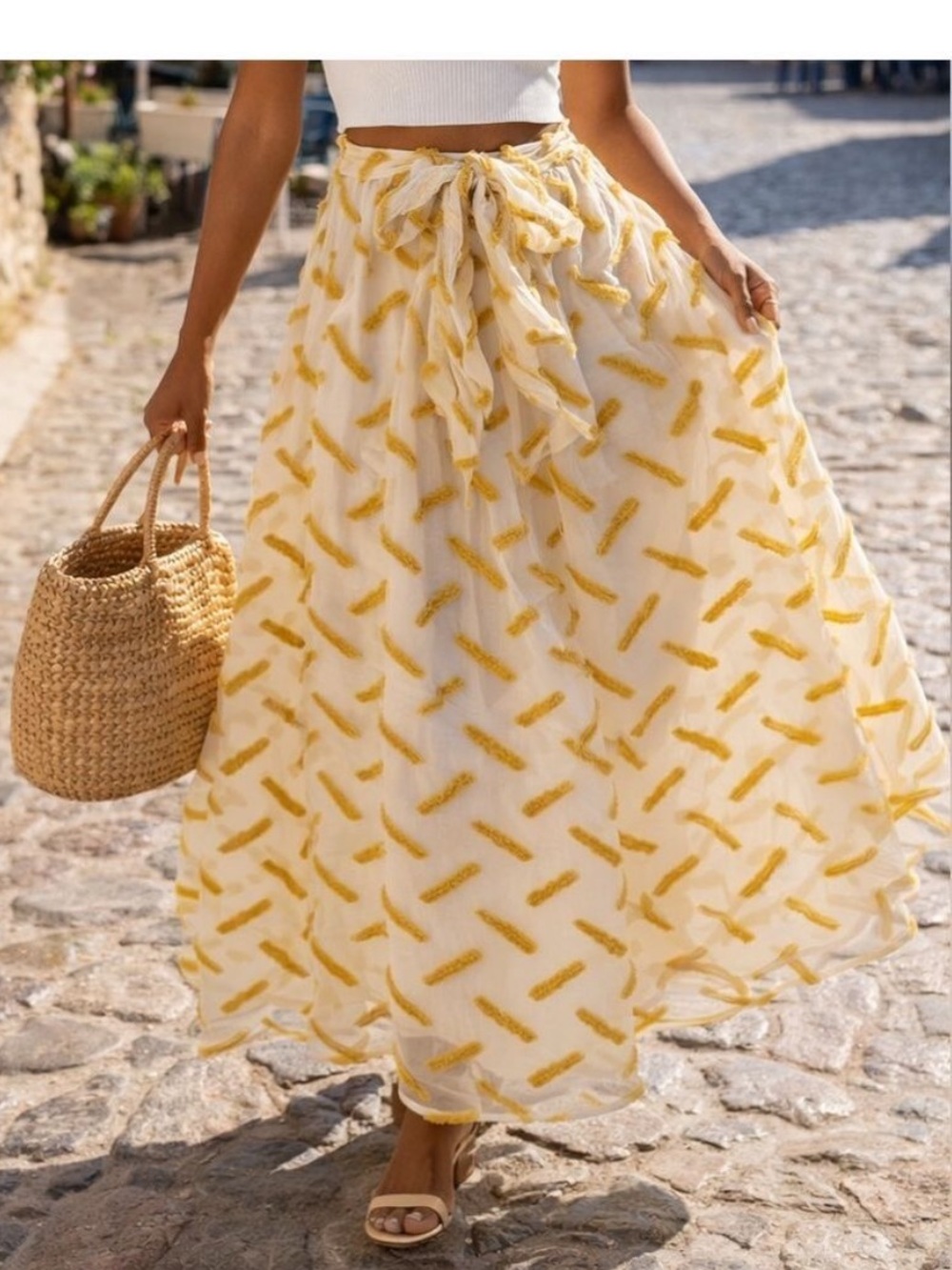 Daniel Rainn Anthropologie Cream & Mustard Embroidered Maxi Skirt Tie Waist - Picture 2 of 9